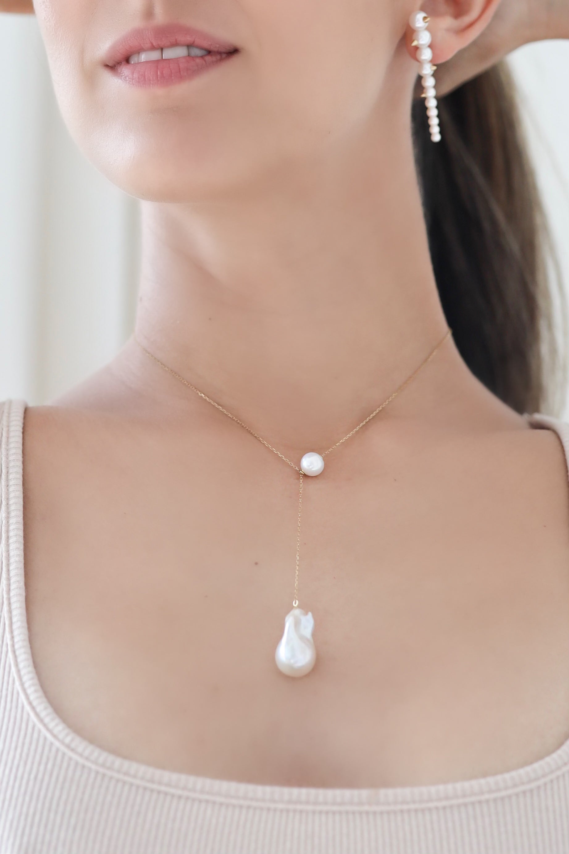 Woman wearing Baroque Pearl Long Necklace